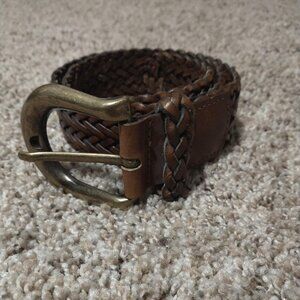 LANDS END Brown Braided Leather Belt With Gold Buckle Size 28